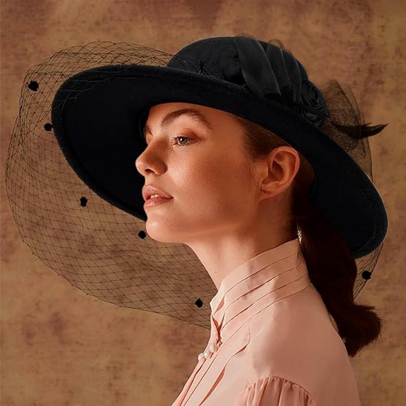 IZUS Women Flower Decor Bowler Fedora Hat with Veil Floppy Brim Felt Church Party Cap Vintage 1920s Elegant Fascinator Hat Small - Image 2
